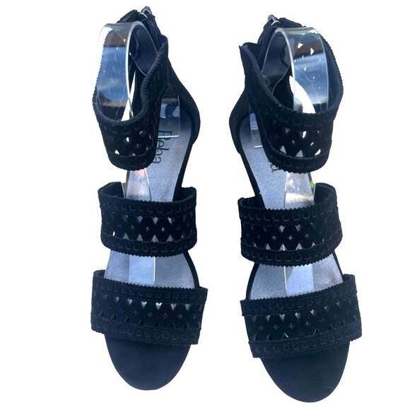 Reba Women’s Size 7 Baby Suede Open Toe Wedge Heels cut outs Leather Black - Picture 3 of 11